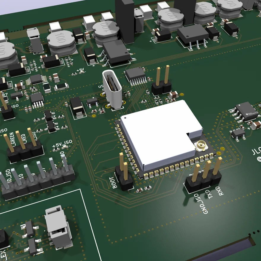 Close-up of the UBM main board, rendered from its design files
