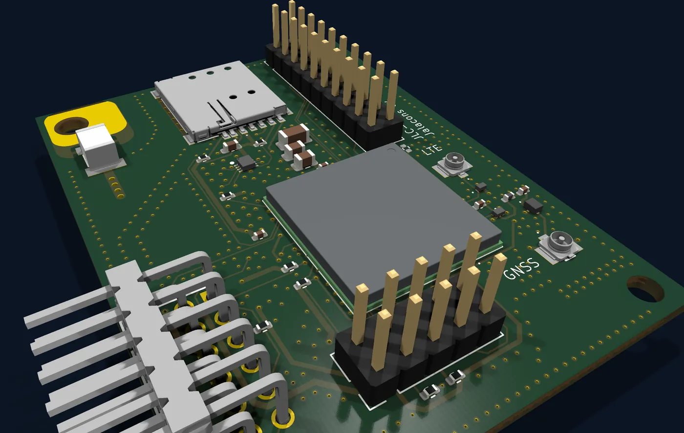 The 4G/5G IoT and GNSS add-in card of the UBM platform, rendered from its design files